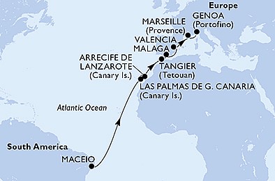 Brazília, Španielsko, Maroko, Francúzsko, Taliansko z Maceia na lodi MSC Grandiosa, plavba s bonusom