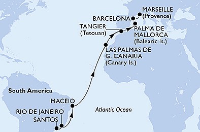 Brazília, Španielsko, Francúzsko zo Santosu na lodi MSC Seaview