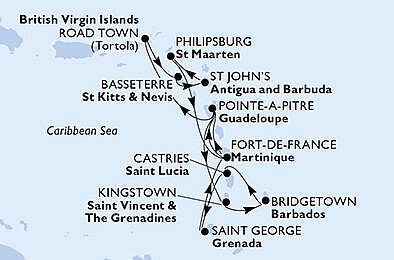 Martinik, Guadeloupe, Svätý Vincent a Grenadiny, Barbados, Svatý Martin z Fort de France, Martinik na lodi MSC Virtuosa