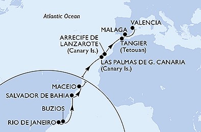 Brazília, Španielsko, Maroko z Rio de Janeira na lodi MSC Grandiosa, plavba s bonusom