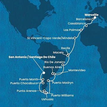 Francúzsko, Španielsko, Maroko, Kapverdy, Brazília, Uruguaj, Argentína, Chile z Marseille na lodi Costa Deliziosa