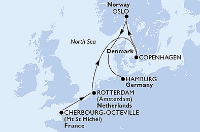 Francúzsko, Holandsko, Dánsko, Nórsko, Nemecko z Cherbourgu na lodi MSC Preziosa