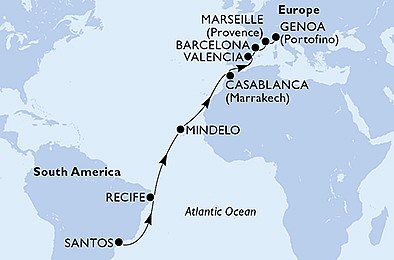 Brazília, Kapverdy, Maroko, Španielsko, Francúzsko, Taliansko zo Santosu na lodi MSC Orchestra, plavba s bonusom