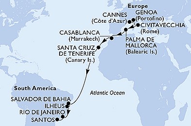 Francúzsko, Taliansko, Španielsko, Maroko, Brazília z Cannes na lodi MSC Seaview, plavba s bonusom