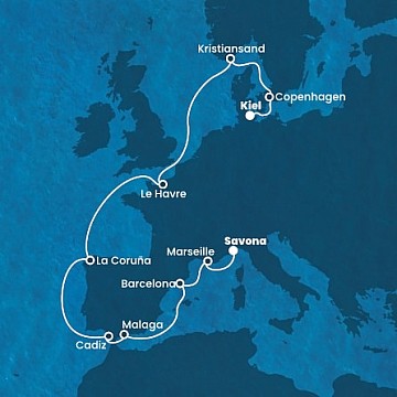 Nemecko, Dánsko, Nórsko, Francúzsko, Španielsko, Taliansko z Kielu na lodi Costa Diadema