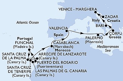 Španielsko, Portugalsko, Maroko, Taliansko, Grécko, Chorvátsko z Las Palmas na lodi MSC Opera, plavba s bonusom