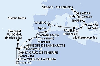 Portugalsko, Španielsko, Maroko, Taliansko, Grécko, Chorvátsko z Funchalu na lodi MSC Opera