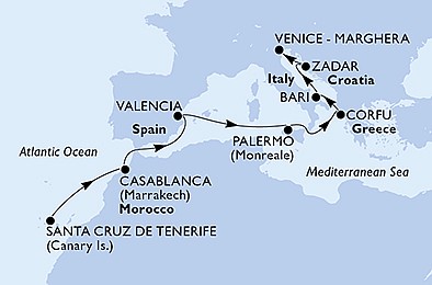 Španielsko, Maroko, Taliansko, Grécko, Chorvátsko z Tenerife na lodi MSC Opera, plavba s bonusom