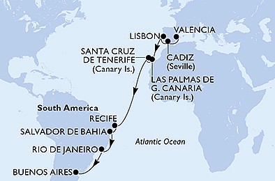 Španielsko, Portugalsko, Brazília, Argentína z Valencie na lodi MSC Poesia, plavba s bonusom