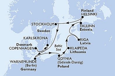 Dánsko, Švédsko, Nemecko, Poľsko, Litva, Lotyšsko, Estónsko, Fínsko z Kodaně na lodi MSC Poesia