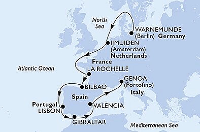 Nemecko, Holandsko, Francúzsko, Španielsko, Portugalsko, Gibraltár, Taliansko z Warnemünde na lodi MSC Poesia